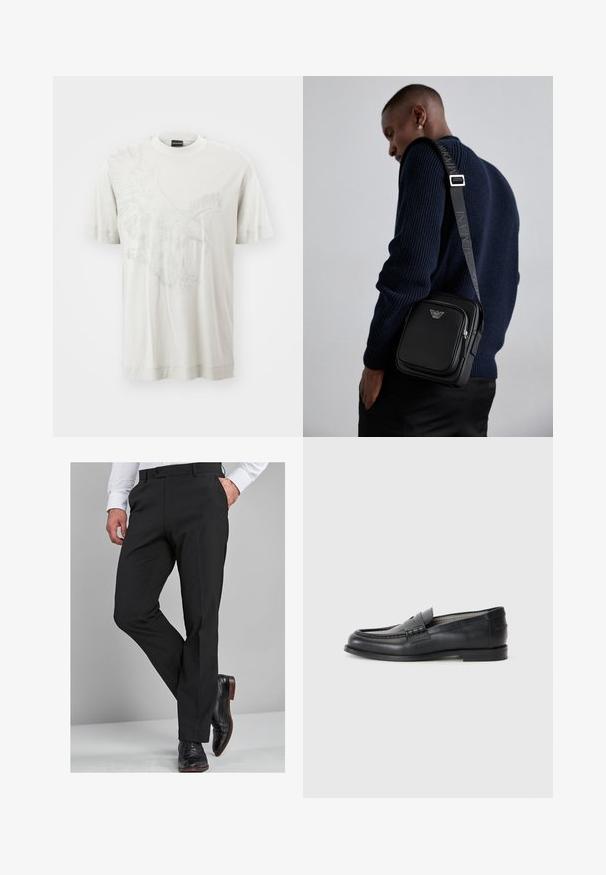 Emporio Armani T-shirt imprimé - silver cloud; Pantalons de costume noirs avec une coupe ajustée, présentant une texture lisse, des jambes droites et des passants de ceinture, associés à des chaussures de costume noires vernies.; Mocassins en cuir noir avec une finition lisse, un bout rond, une sangle décorative et un design minimaliste. Présentent un petit talon carré.; Sac à bandoulière en cuir noir avec un compartiment zippé, détail de logo et une sangle réglable marquée. Porté avec un pull texturé bleu marine.