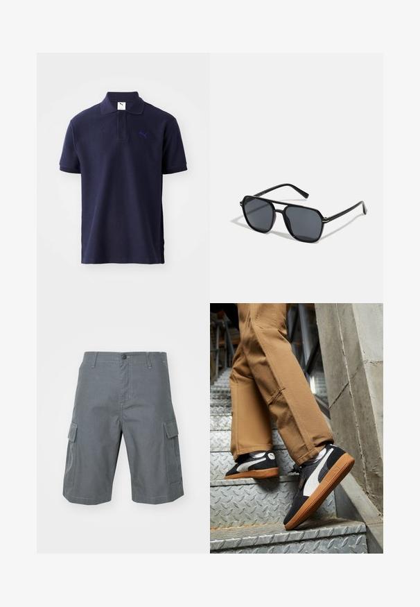 Polo navy en tissu texturé, doté d'un col, d'une patte de boutonnage à trois boutons et d'un petit logo brodé sur la poitrine.; Carhartt WIP REGULAR CARGO COLUMBIA - Short - graphite; Des baskets en suède noires et grises avec des accents blancs et des semelles en caoutchouc beige, portées sur un pantalon beige en montant des escaliers métalliques.; Lunettes de soleil noires avec monture octogonale, verres foncés, finition brillante, branches fines et accents dorés sur l'avant.