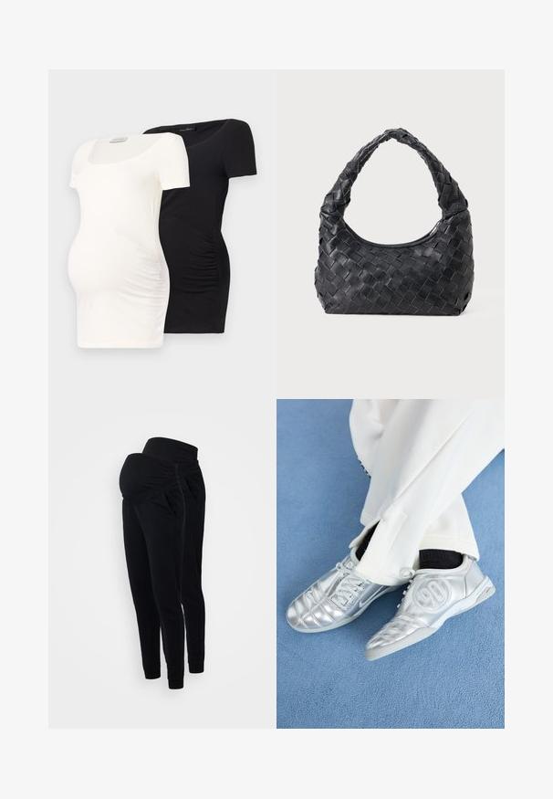 Két rövid ujjú kismamakabát, az egyik fehér, a másik fekete, rugalmas anyagból készült, kerek nyakkivágással és oldalvarrásokkal.; Fekete kismama jogger, hajtogatott derékkal, oldalsó zsebekkel és keskenyített lábujjal. Puha, rugalmas anyagból készült, a kényelem érdekében.; Ezüst sportcipők sima, fényes felülettel, varrott mintázattal és a 90-es számmal az oldalán, fehér nadrággal párosítva.; Fekete bőr, fonott válltáska lekerekített fogantyúval és hold alakú testéval egyszínű háttéren.