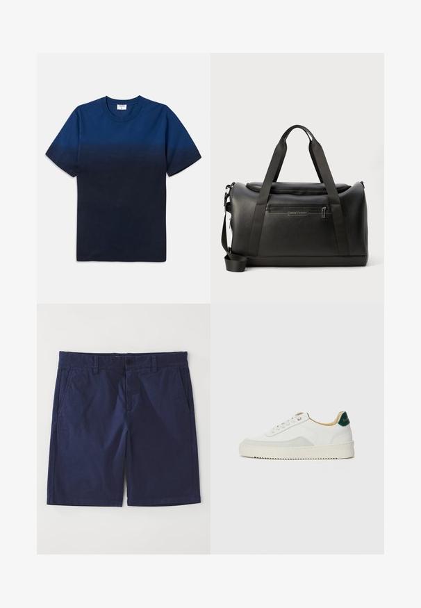 Dunkelblaues Baumwoll-T-Shirt mit Rundhalsausschnitt, kurzen Ärmeln und einem subtilen Verlaufsmuster, das von helleren zu dunkleren Farbtönen übergeht.; Marineblaue Baumwollshorts mit geradem Schnitt, ausgestattet mit Gürtelschlaufen, einer Knopfverschluss vorne und zwei Seitentaschen. Glatte Textur.; Weiße Sneaker mit Wildlederelementen, runder Zehenpartie, flachen Schnürsenkeln und einer cremefarbenen Gummisohle. Mit grünen Markenlogo am Fersenbereich.; Schwarze Ledertasche mit strukturiertem Finish, doppelte Oberhandgriffe, abnehmbarer Schultergurt und vordere Reißverschlusstasche mit einem Logo-Akzent.