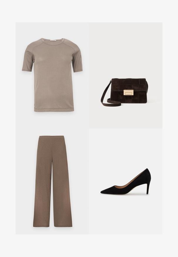 Lyhythihainen beige resorineulottu pyöreäkauluksinen t-paita, jossa näkyvät saumat hihoissa ja kaula-aukossa, esillä tasaisena valkoisella taustalla.; Leveälahkeiset ruskeat housut, joissa on litteä vyötärönauha, ei näkyviä taskuja tai kiinnityksiä, valkoisella taustalla esiteltynä.; Stuart Weitzman Avokkaat - black; Ruskea nahkapussukka, jossa on tikattu muotoilu, suorakulmainen muoto, kultaiset yksityiskohdat ja säädettävä olkahihna.; Pari epämuodostuneita soikeita kultasävyisiä metallikorvakoruja, joissa on teksturoitu, hieman hakattu pinta valkoista taustaa vasten.