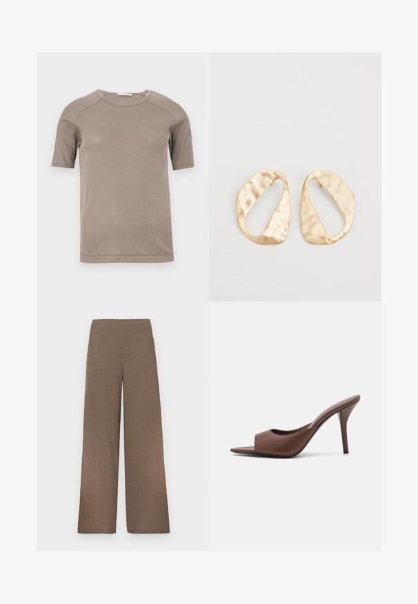 Beige ribbel T-shirt met korte mouwen en een ronde hals, met zichtbare naden op de mouwen en halslijn, plat liggend op een witte achtergrond.; Wijde bruine broek met een platte tailleband, zonder zichtbare zakken of sluitingen, weergegeven op een witte achtergrond.; Bruine leren open-teen hoge hak muiltjes met een slank ontwerp, voorzien van een brede voorkruistrap en een slanke stiletto hiel.; Een paar onregelmatig ovale, gouden metalen oorbellen met een gestructureerd, lichtgehamerd oppervlak op een witte achtergrond.