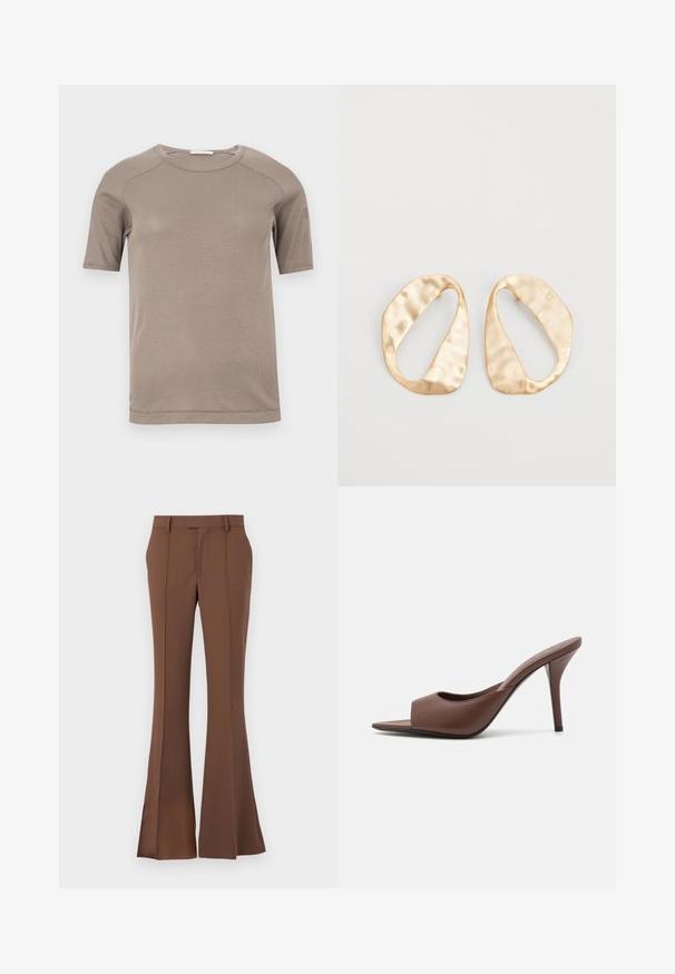 Īsām piedurknēm, bēša krāsas ribota apaļas kakla T-krekls ar redzamām šuvēm piedurknēs un kakla izgriezumā, uzklāts plakani uz balta fona.; Brūni izvērsti bikses, izgatavotas no gludas auduma, ar plakanu priekšpusi, jostas cilpām un pielāgotu piegriezumu ar smalkiem krokas akcentiem.; Brūni ādas atvērtas pirksta augstpapēžu čības ar elegantu dizainu, kas iezīmējas ar plašu priekšējo siksniņu un slaidu stiletto papēdi.; Pāris neregulāras ovālas formas zelta toņos metāla auskaru ar teksturētu, nedaudz sitētu virsmu uz baltas fona.