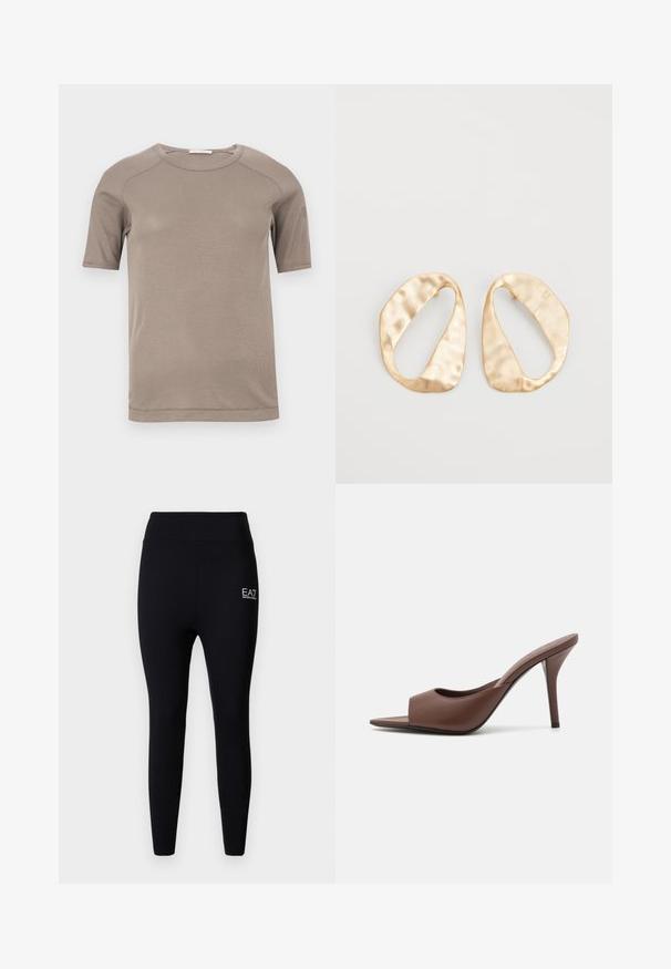 Short-sleeve beige ribbed crewneck t-shirt with visible stitching on sleeves and neckline, displayed flat on a white background.; Black leggings made of stretchy material with a high waistband, featuring a small white EA7 logo on the side. Smooth texture, fitted design.; Brown leather open-toe high-heeled mules with a sleek design, featuring a wide front strap and a slender stiletto heel.; Pair of irregular oval-shaped gold-toned metal earrings with a textured, slightly hammered surface on a white background.