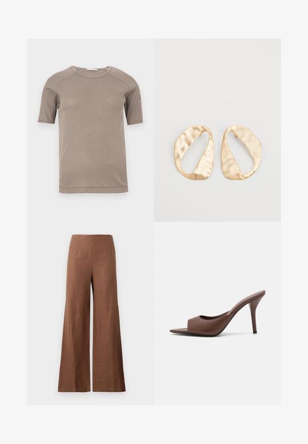 Krátky rukáv béžového rebrovaného trička s okrúhlym výstrihom, viditeľné švy na rukávoch a okolo krku, na bielom podklade.; Hnedé nohavice s širokými nohavicami vyrobené z texturovanej látky. Majú vysoký pás s dvoma prednými skladmi a rovné, voľne splývajúce nohavice.; Hnedé kožené sandále na vysokom opätku s otvorenou špičkou a elegantným dizajnom, s širokým predným pásikom a štíhlou stiletto pätou.; Pár nepravidelných oválnych zlatistých kovových náušníc s textúrovaným, mierne rozbitým povrchom na bielom pozadí.