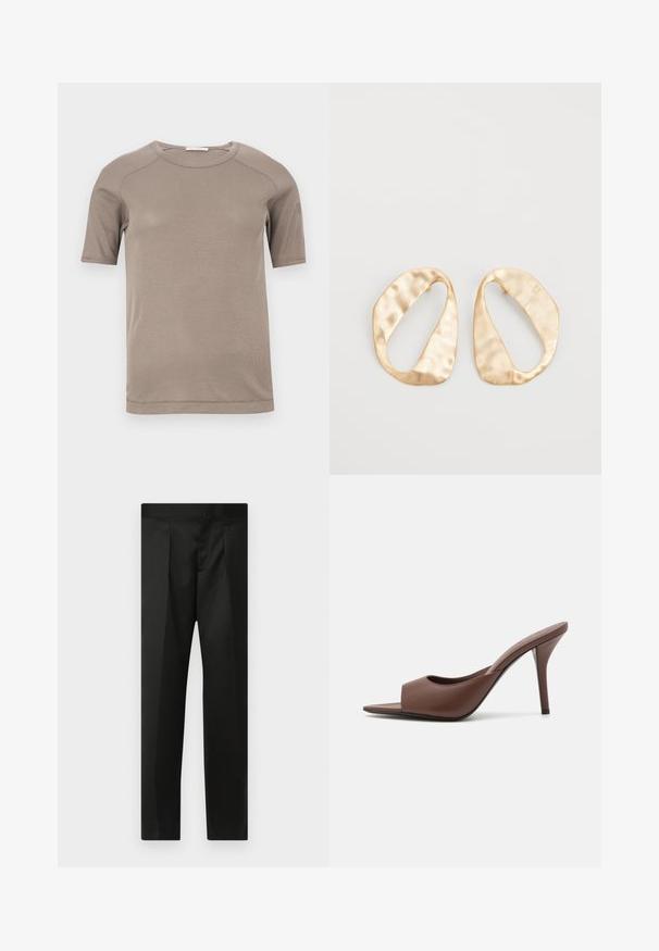 Short-sleeve beige ribbed crewneck t-shirt with visible stitching on sleeves and neckline, displayed flat on a white background.; Black trousers featuring a smooth fabric, tailored design, straight legs, and a flat waistband with no visible closures or pockets.; Brown leather open-toe high-heeled mules with a sleek design, featuring a wide front strap and a slender stiletto heel.; Pair of irregular oval-shaped gold-toned metal earrings with a textured, slightly hammered surface on a white background.
