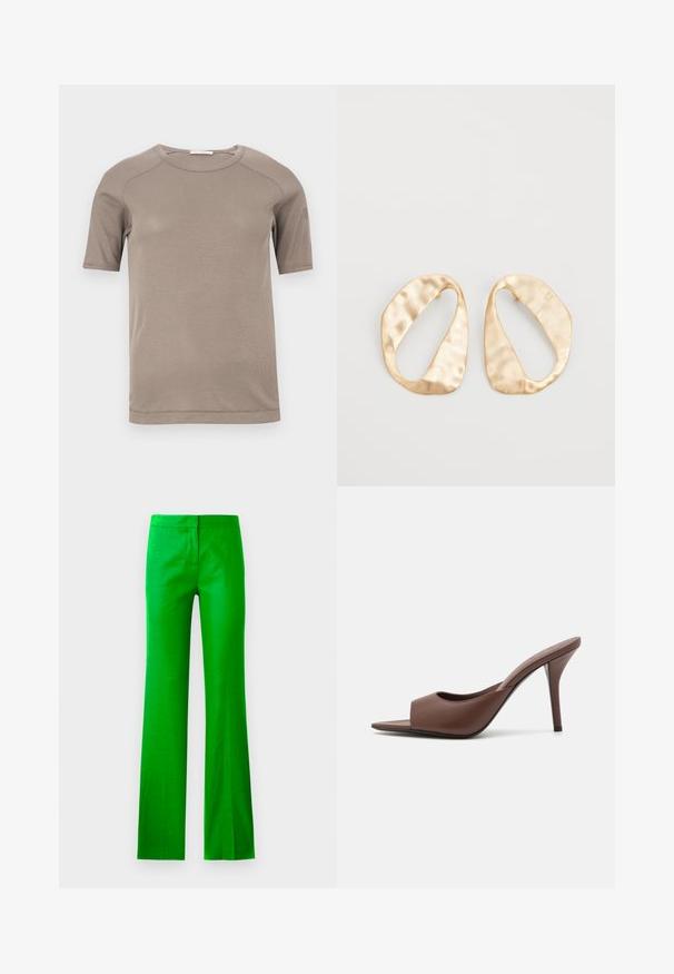 Bež pamučna majica kratkih rukava s rebrastim uzorkom i okruglim izrezom, s vidljivim šavovima na rukavima i izrezu, prikazana ravno na bijeloj pozadini.; Jarke zelene hlače sa širokim nogavicama, napravljene od glatkog materijala, s ravnim prednjim dijelom i bez vidljivih džepova. Čist, minimalistički dizajn.; Smeđe kožne mule s visokom potpeticom i otvorenim prstima, s elegantnim dizajnom, širokim prednjim remenom i vitkom stiletto potpeticom.; Par zlatnih metalnih naušnica nepravilnog ovalnog oblika s teksturiranom, blago kovanom površinom na bijeloj pozadini.
