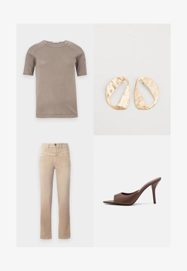 Tricou bej cu mâneci scurte, guler rotund și textură în dungi, cu cusături vizibile pe mâneci și la nivelul gulerului, afișat pe o suprafață albă.; Jeans bej cu croi drept, fabricate dintr-un material moale, dotate cu închidere frontală cu nasture, două buzunare frontale și detalii de cusătură subtile.; Mule-uri din piele maro, cu vârf deschis și toc înalt, cu un design elegant, având o curea frontală lată și un toc subțire de tip stiletto.; O pereche de cercei din metal de culoare aurie, cu formă ovală neregulată, având o suprafață texturată, ușor ciocănită, pe un fundal alb.