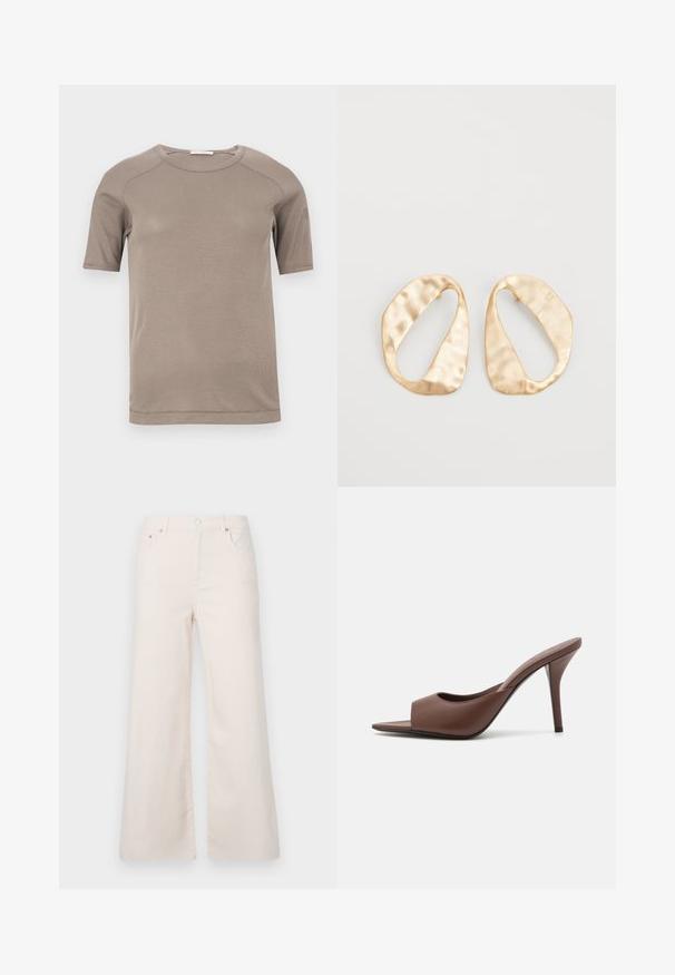 Lühikeste varrukatega beežist soonikuga ümmarguse kaelusega T-särk, mille varrukatel ja kaelusel on nähtavad õmblused, tasapinnal valgel taustal.; Laiad, heleda bežiga teksad kõrge vöökohaga, viie taskuga ja esise nööbiga sulgemisega. Sile tekstuur, minimaalsed reie õmblused.; Pruunid nahast avatud varvastega kõrged kontsad, millel on stiilne disain, laia eesrihma ja peene stilettokontsaga.; Eba paar eba ebaorditud ovaalkujulisi kuldehhe kaal setertu, kerge keersuju pinnaga valgel taustal.