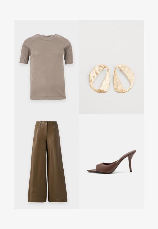 Tricou bej cu mâneci scurte, guler rotund și textură în dungi, cu cusături vizibile pe mâneci și la nivelul gulerului, afișat pe o suprafață albă.; Pantaloni cu picioare largi, confecționați din faux piele maro netedă. Au talie înaltă, patru buzunare și un fermoar în față. Textură plată și design minimal.; Mule-uri din piele maro, cu vârf deschis și toc înalt, cu un design elegant, având o curea frontală lată și un toc subțire de tip stiletto.; O pereche de cercei din metal de culoare aurie, cu formă ovală neregulată, având o suprafață texturată, ușor ciocănită, pe un fundal alb.