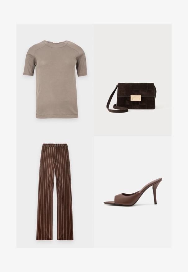 Bež pamučna majica kratkih rukava s rebrastim uzorkom i okruglim izrezom, s vidljivim šavovima na rukavima i izrezu, prikazana ravno na bijeloj pozadini.; Smeđe prugaste široke hlače napravljene od glatke tkanine, sa zatvaranjem na dugme, dva prednja džepa i vertikalnim krem prugama.; Smeđe kožne mule s visokom potpeticom i otvorenim prstima, s elegantnim dizajnom, širokim prednjim remenom i vitkom stiletto potpeticom.; Smeđa suede torba s kvadratnim dizajnom, pravokutnog oblika, zlatnim hardverom i podesivim remenom za rame.; Par zlatnih metalnih naušnica nepravilnog ovalnog oblika s teksturiranom, blago kovanom površinom na bijeloj pozadini.