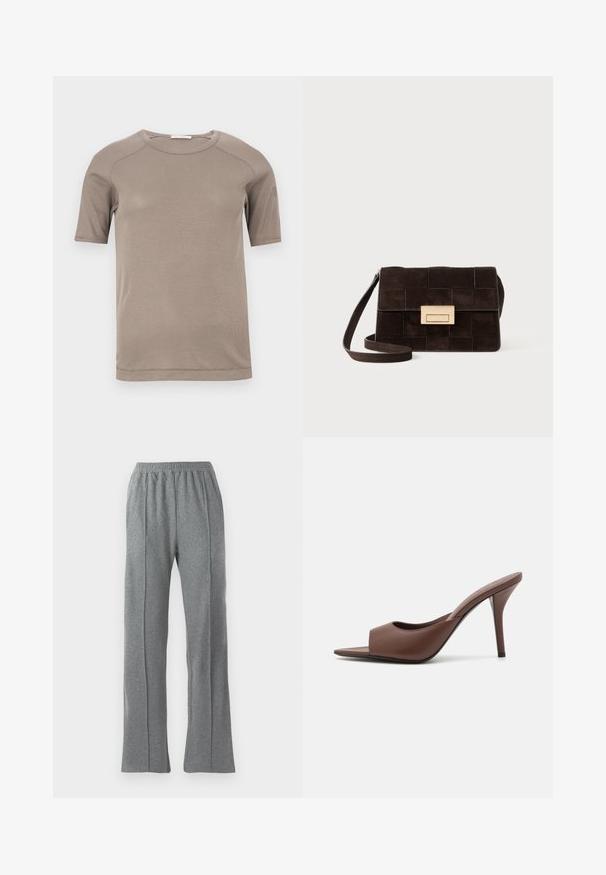 Beiges, kurzärmeliges, geripptes T-Shirt mit Rundhalsausschnitt und sichtbaren Nähten an Ärmel und Kragen, flach auf einem weißen Hintergrund liegend.; Graue Jogginghosen mit elastischem Bund, mit geradem Beinschnitt und dezenten Seitennähten. Hergestellt aus weichem, strukturiertem Stoff.; Braune Leder-Open-Toe-Hochhackige Mules mit einem eleganten Design, das einen breiten Vorderriemen und einen schlanken Stiletto-Absatz aufweist.; Braune Wildlederhandtasche mit einem gesteppten Design, rechteckiger Form, goldfarbener Hardware und einem verstellbaren Schultergurt.; Ein Paar unregelmäßige, oval geformte Ohrringe aus goldfarbenem Metall mit einer strukturierten, leicht gehämmerten Oberfläche auf weißem Hintergrund.