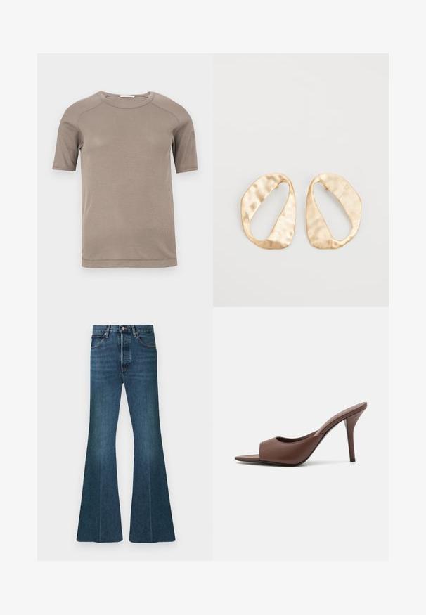 Short-sleeve beige ribbed crewneck t-shirt with visible stitching on sleeves and neckline, displayed flat on a white background.; Flared denim jeans in dark blue with a high waist, five-pocket design, and classic stitching. Fabric has a smooth, textured look.; Brown leather open-toe high-heeled mules with a sleek design, featuring a wide front strap and a slender stiletto heel.; Pair of irregular oval-shaped gold-toned metal earrings with a textured, slightly hammered surface on a white background.