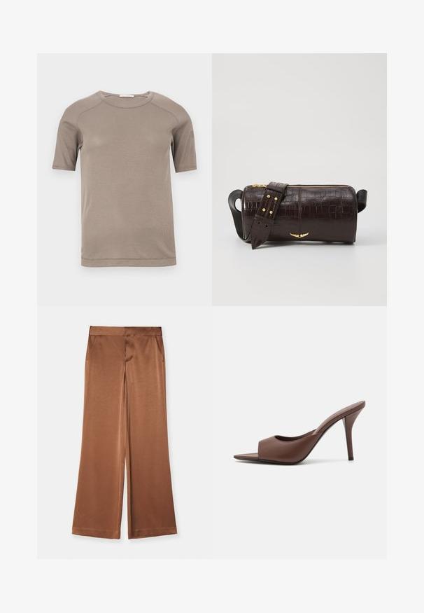Beige ribstrikket T-shirt med korte ærmer og rund hals, med synlige syninger ved ærmer og halsudskæring, lagt fladt på en hvid baggrund.; Brune brede bukser lavet af satin, med sidelommer, en glat tekstur og en skræddersyet talje for en struktureret pasform.; Brune læder open-toe højhælede mules med et slankt design, der har en bred frontrem og en slank stiletto-hæl.; Brun krokodilleder taske med cylindrisk form, hardware i guld-tone, og en aftagelig rem med nitter.; Et par uregelmæssige ovalformede øreringe i guldtonet metal med en tekstureret, let hamret overflade på en hvid baggrund.