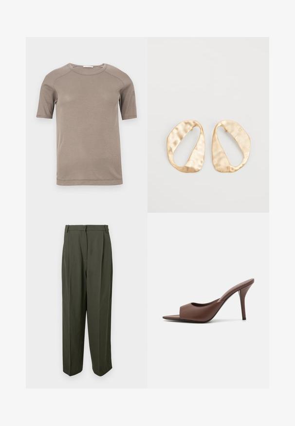 Rövid ujjú, bézs színű bordázott póló, kerek nyakkivágással, látható varrással az ujjakon és a nyakkivágásnál, fehér háttéren elhelyezve.; Olajzöld nadrág sima anyagból, magas derékkal, plisszírozott elülső résszel és széles lábformával. Nincsenek látható zsebek vagy díszítések.; Barna bőr nyitott orrú magassarkú papucs, letisztult dizájnnal, széles elülső pánttal és karcsú stiletto sarokkal.; Egy pár szabálytalan, ovális formájú, aranyszínű fém fülbevaló, enyhén kalapált felülettel, fehér háttéren.