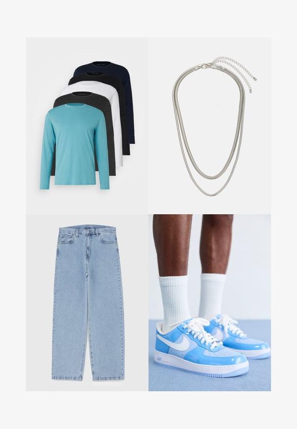 Pet dugih rukava u nizu: tirkizna, crna, bijela, tamno siva i mornarsko plava. Mekani materijal s dizajnom okruglog izreza i standardnim krojem.; Svijetloplave traperice s ravnim nogavicama, sa srednjim strukom, pet džepova i zatvaranjem na dugme i patentni zatvarač.; Nike Sportswear AIR FORCE 1 '07 LV8 - Tenisice - psychic blue/white/university blue; Necklace od tri sloja srebrnog metala s elegantnim, fleksibilnim lančićima blagog sjaja, zatvoren s karabinera i prilagodljivim lančićem.