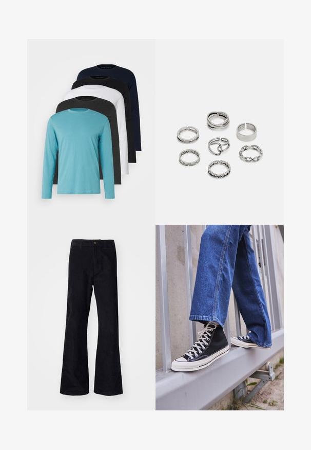 Pet srajce z dolgimi rokavi v vrsti: turkizna, črna, bela, temno siva in mornarsko modra. Mehka tkanina z okroglim izrezom in standardno prileganje.; Črne flane hlače iz bombaža s tradicionalnim pasom, enim sprednjim gumbom in žepi na straneh ter zadaj. Gladka tekstura.; Črne visoke teniske z belim podplatom in vezalkami, v kombinaciji z ohlapnimi modrimi džinsom, naslonjene na sivo ograjo.; Set sedmih srebrnih prstanov z različnimi oblikami, vključno s prepletenimi, povezanimi in graviranimi motivi. Različne oblike in širine.