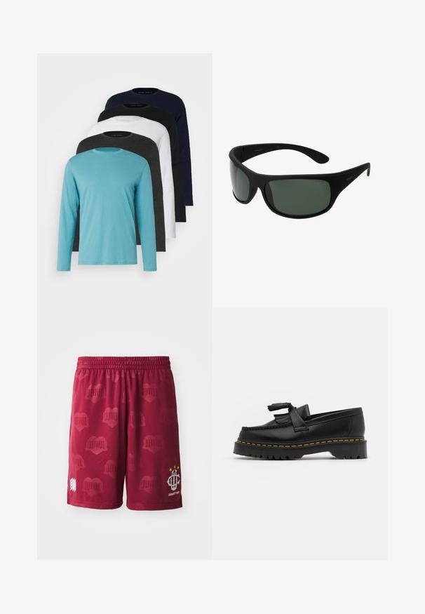 Cinq T-shirts à manches longues alignés : turquoise, noir, blanc, gris foncé et bleu marine. Tissu doux avec un col rond et une coupe standard.; Shorts de sport bordeaux avec une taille élastique, présentant un motif subtil de cœurs et un logo blanc avec trois étoiles sur une jambe.; Mocassin en cuir noir avec un accent à frange, doté d'une semelle épaisse noire et d'une couture jaune le long du bord. Fini texturé.; Lunettes de soleil noires entourantes avec des verres vert foncé. Fini mat, design incurvé, avec des branches droites et un logo discret sur le côté.