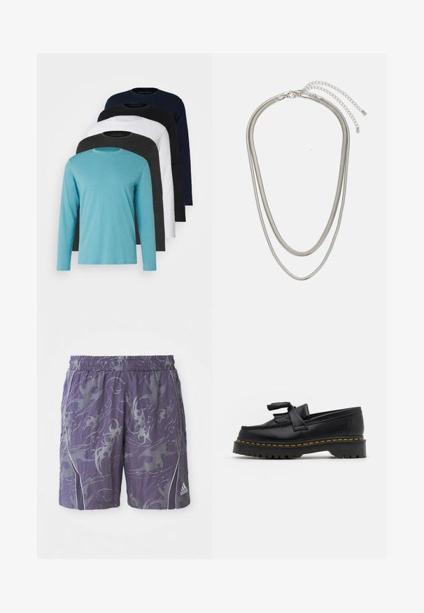 Pet dugih rukava u nizu: tirkizna, crna, bijela, tamno siva i mornarsko plava. Mekani materijal s dizajnom okruglog izreza i standardnim krojem.; Ljubičaste sportske kratke hlače s apstraktnim srebrnim uzorcima, elastičnom strukom, bočnim trakama i Adidas logotipom na donjem desnom dijelu nogavice.; Crna kožna loaferica s resicama, koja ima čvrst crni potplat i žute šavove duž ruba. Teksturirana završna obrada.; Necklace od tri sloja srebrnog metala s elegantnim, fleksibilnim lančićima blagog sjaja, zatvoren s karabinera i prilagodljivim lančićem.