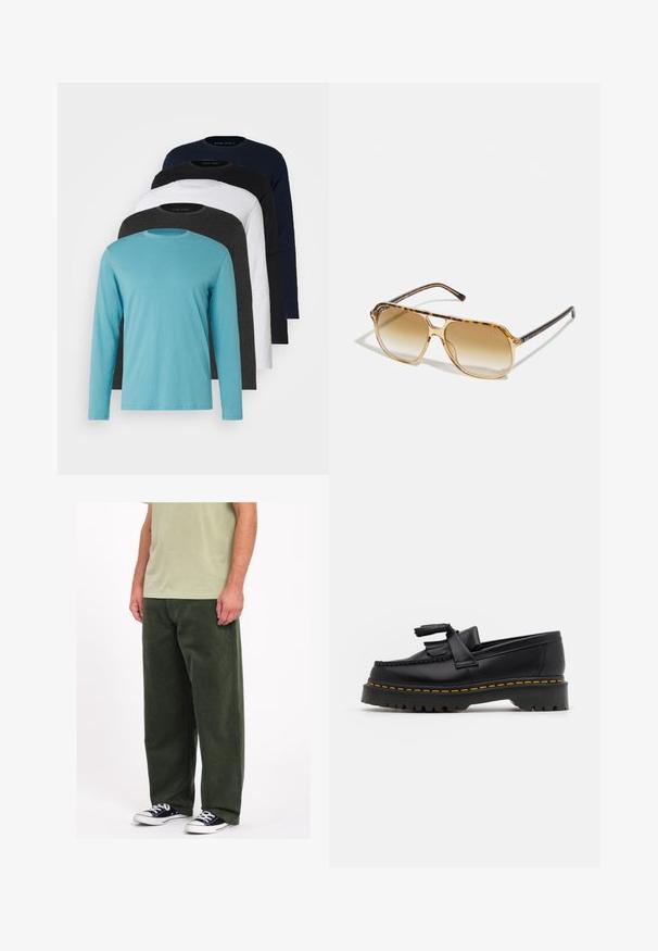 Viisi pitkähihapaitaa rivissä: turkoosi, musta, valkoinen, tummanharmaa ja tummansininen. Pehmeä kangas, jossa pyöreä kaula-aukko ja normaali istuvuus.; Vihreät corduroy-leveälahkeiset housut, joissa on pehmeä pinta. Yhdistetty vaaleanvihreään paitaan ja musta-valkoisiin tennareihin. Yksinkertainen ja käytännöllinen muotoilu.; Musta nahkakengät, joissa on tupsuakkentti, paksu musta pohja ja keltainen ommel reunassa. Rakeinen pinta.; Kilpikonnakuosis aurinkolasit, joissa on suorakulmainen kehys, ruskeat liukuvärit linssit ja tyylikkäät mustat sivupäät, joissa on hienovaraiset logo-yksityiskohdat.