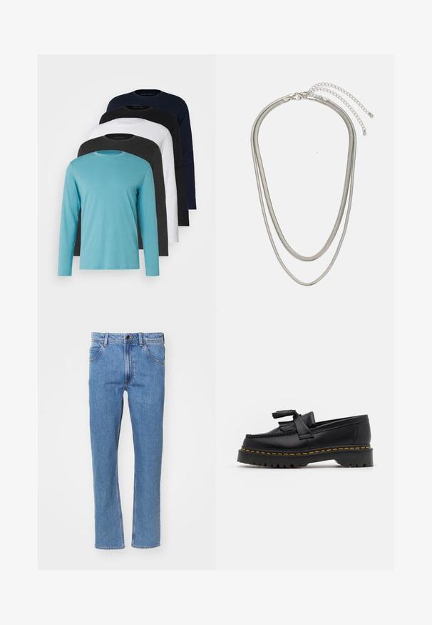 Cinco T-shirts de manga longa em fila: turquesa, preto, branco, cinza escuro e azul-marinho. Tecido suave com design de gola redonda e ajuste padrão.; Jeans de denim azul claro com um design de perna reta, cinco bolsos e fecho de botão. Inclui detalhes costurados ao longo das costuras.; Mocassim de couro preto com um detalhe de franjas, apresentando uma sola preta robusta e costura amarela ao longo da borda. Acabamento texturizado.; Colar de metal prateado em três camadas, com correntes flexíveis e elegantes que possuem um leve brilho, fechado com um fecho de lagosta e corrente ajustável.