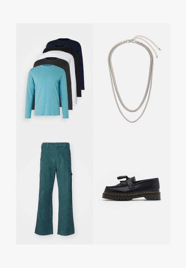 Öt hosszú ujjú póló egymás mellett: türkiz, fekete, fehér, sötétszürke és tengerészkék. Puha anyag, kerek nyakkivágású kialakítás és standard fit.; Zöld kordbársony nadrág egyenes lábbetéttel, gombos záródással, elülső zsebekkel és oldalsó cargo zsebekkel. Puha tapintású, tartós anyag.; Fekete bőr mokaszin, rojtos díszítéssel, masszív fekete talppal és sárga varrással az élén. Texturált felület.; Háromrétegű ezüstszínű fém nyaklánc, letisztult, rugalmas láncokkal, enyhe fényességgel, homárkapoccsal rögzítve és állítható lánccal.
