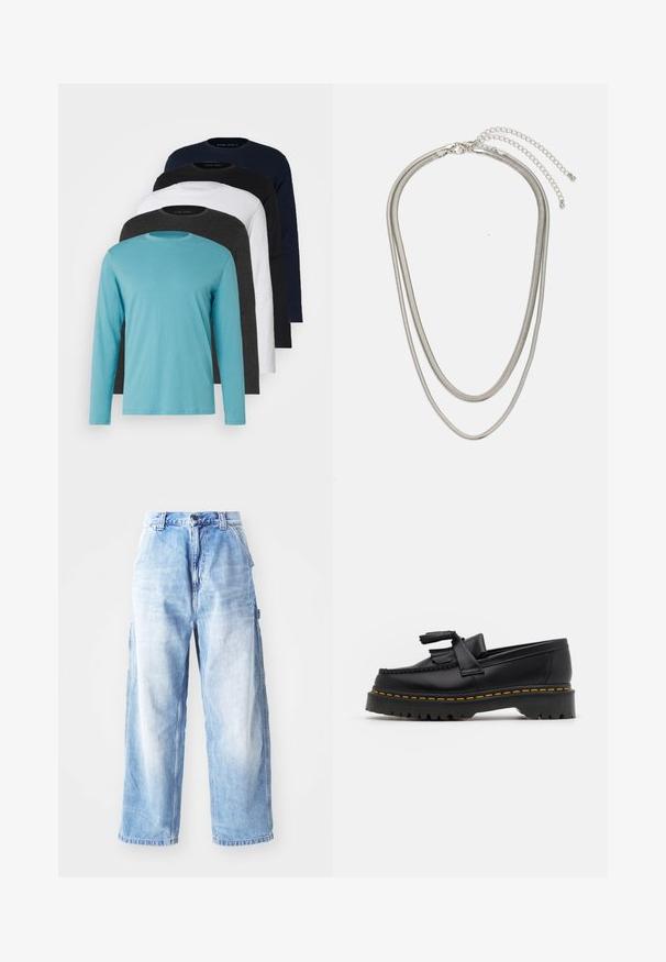 Pieci garie piedurkņu T-krekli rindā: tirkīza, melna, balta, tumši pelēka un jūras zila. Mīksts audums ar apaļu kakla izgriezumu un standarta piegriezumu.; Gaiši zila džinsa auduma platās kājas bikses ar augstu vidukli, ar priekšējo pogu aizdari, jostu cilpiņām un nedaudz izbalējušām vietām uz auduma.; Melnas ādas mokasīni ar pērlītēm uzsvaru, ar masīvu melnu zoli un dzeltenu šuvumu gar malu. Ar teksturētu apdari.; Trīslīmeņu sudraba metāla kaklarota ar gludām, elastīgām ķēdēm, kas spīd, droši piestiprināta ar omā uzgali un regulējamu ķēdi.