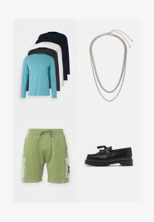 Vijf longsleeve T-shirts in een rij: turquoise, zwart, wit, donkergrijs en marineblauw. Zachte stof met een ronde hals en een standaard pasvorm.; Groene katoenen shorts met elastische tailleband en trekkoord. Bevat twee zijvakken en textuurpanelen aan de zijkanten.; Zwarte leren loafers met een franjesaccent, voorzien van een dikke zwarte zool en gele stiksels langs de rand. Gevoelige afwerking.; Driedelige zilveren metalen halsketting met slanke, flexibele kettingen met een lichte glans, beveiligd met een karabijnhaak en een verstelbare ketting.