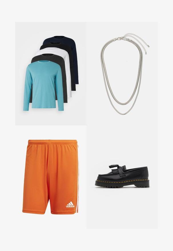 Fünf Langarm-T-Shirts in einer Reihe: türkis, schwarz, weiß, dunkelgrau und navyblau. Weicher Stoff mit Rundhalsausschnitt und normaler Passform.; Orangefarbene Sportshorts aus glattem Synthetikmaterial, mit einem bequemen elastischen Bund und weißen Seitenstreifen mit einem Adidas-Logo.; Schwarze Lederloafers mit einem fransenverzierten Akzent, ausgestattet mit einer robusten schwarzen Sohle und gelber Naht entlang der Kante. Texturierte Oberfläche.; Dreischichtige Halskette aus Silbermetall mit schlanken, flexiblen Ketten mit leichtem Glanz, gesichert mit einem Karabinerverschluss und verstellbarer Kette.