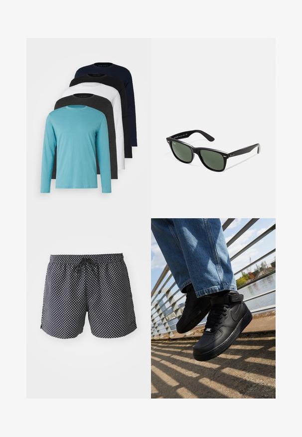 Five long-sleeve T-shirts in a row: turquoise, black, white, dark gray, and navy blue. Soft fabric with crew neck design and standard fit.; Black swim shorts featuring a white circular pattern, elastic waistband with a drawstring, and a loose fit for comfort.; Black Nike Air Force 1 sneakers with leather upper, mesh tongue, and rubber sole, featuring a high-top design and thick laces.; Black plastic sunglasses with green lenses, square frames, silver accent on the brow, and textured temple arms. Stated brand on inner arm.