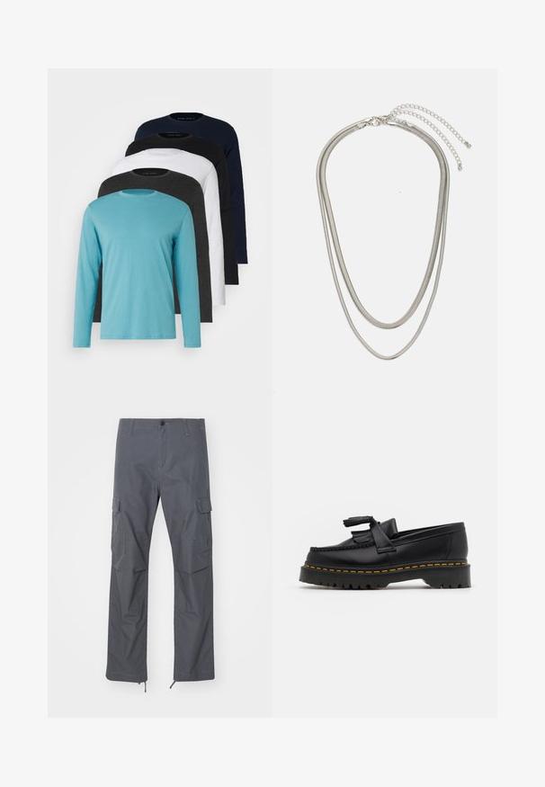 Fünf Langarm-T-Shirts in einer Reihe: türkis, schwarz, weiß, dunkelgrau und navyblau. Weicher Stoff mit Rundhalsausschnitt und normaler Passform.; Graue Cargo-Hose mit gerader Passform, mehreren Taschen, Knopfverschluss und verstellbaren Bündchen am Saum. Hergestellt aus strapazierfähigem, leichtem Material.; Schwarze Lederloafers mit einem fransenverzierten Akzent, ausgestattet mit einer robusten schwarzen Sohle und gelber Naht entlang der Kante. Texturierte Oberfläche.; Dreischichtige Halskette aus Silbermetall mit schlanken, flexiblen Ketten mit leichtem Glanz, gesichert mit einem Karabinerverschluss und verstellbarer Kette.
