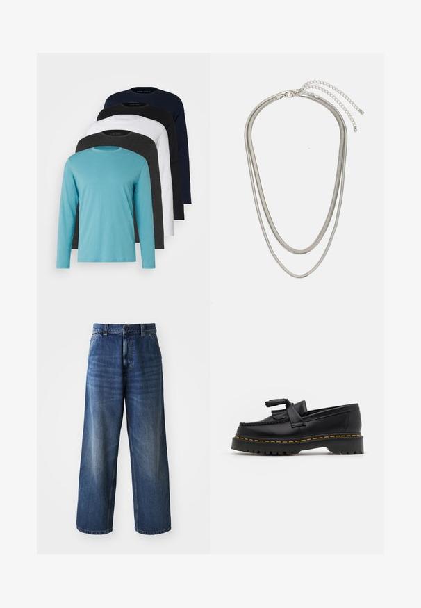 Five long-sleeve T-shirts in a row: turquoise, black, white, dark gray, and navy blue. Soft fabric with crew neck design and standard fit.; High-waisted blue denim jeans with a wide-leg design, featuring subtle fading, front pockets, and a button closure at the waist.; Black leather loafer with a tasseled accent, featuring a chunky black sole and yellow stitching along the edge. Textured finish.; Three-layered silver metal necklace featuring sleek, flexible chains with a slight sheen, secured with a lobster clasp and adjustable chain.