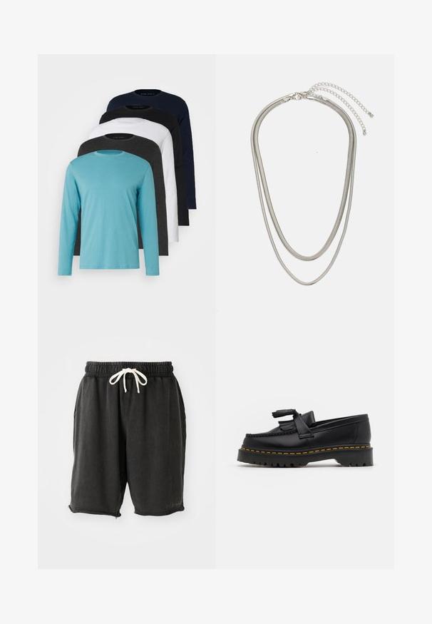 Pięć koszulek z długim rękawem w rzędzie: turkusowa, czarna, biała, ciemnoszara i granatowa. Miękka tkanina, okrągły dekolt i standardowy krój.; Czarne szorty bawełniane z elastycznym paskiem i białym sznurkiem do regulacji. Posiada boczne kieszenie i niedokończony brzeg z drobnymi detalami w postaci zamków błyskawicznych.; Czarny skórzany mokasyn z frędzelkowymi akcentami, z masywną czarną podeszwą i żółtym przeszyciem wzdłuż krawędzi. Teksturowane wykończenie.; Trójwarstwowy naszyjnik ze srebrnego metalu z eleganckimi, elastycznymi łańcuszkami o delikatnym połysku, zapinany na karabińczyk i regulowany.