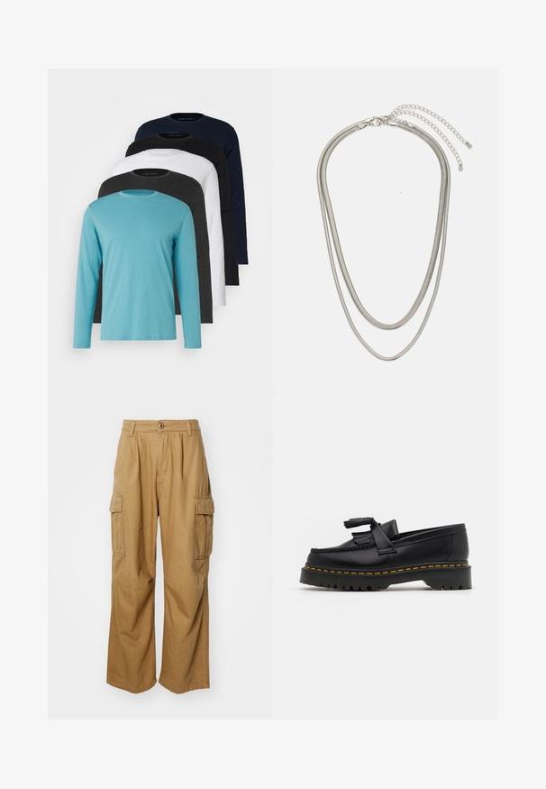 Fünf Langarm-T-Shirts in einer Reihe: türkis, schwarz, weiß, dunkelgrau und navyblau. Weicher Stoff mit Rundhalsausschnitt und normaler Passform.; Beige Cargo-Hosen mit geradem Beinschnitt, ausgestattet mit zwei Seitentaschen und einem Knopfverschluss. Hergestellt aus einem weichen, strapazierfähigen Stoff.; Schwarze Lederloafers mit einem fransenverzierten Akzent, ausgestattet mit einer robusten schwarzen Sohle und gelber Naht entlang der Kante. Texturierte Oberfläche.; Dreischichtige Halskette aus Silbermetall mit schlanken, flexiblen Ketten mit leichtem Glanz, gesichert mit einem Karabinerverschluss und verstellbarer Kette.
