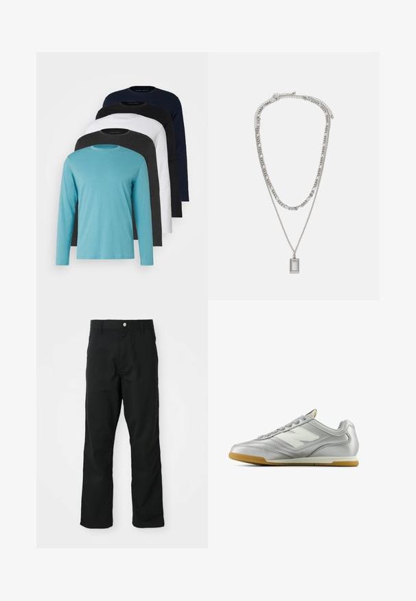 Cinq T-shirts à manches longues alignés : turquoise, noir, blanc, gris foncé et bleu marine. Tissu doux avec un col rond et une coupe standard.; Pantalons noirs à jambes droites avec fermeture à bouton et à zip, passants de ceinture et poches latérales, présentés sur fond blanc.; Chaussure de sport argentée avec une surface lisse et brillante, logo blanc sur le côté, lacets gris texturés et semelle en caoutchouc gomme.; Collier en argent avec deux chaînes superposées ; présente un pendentif rectangulaire avec une surface lisse, mettant en valeur une finition métallique polie.