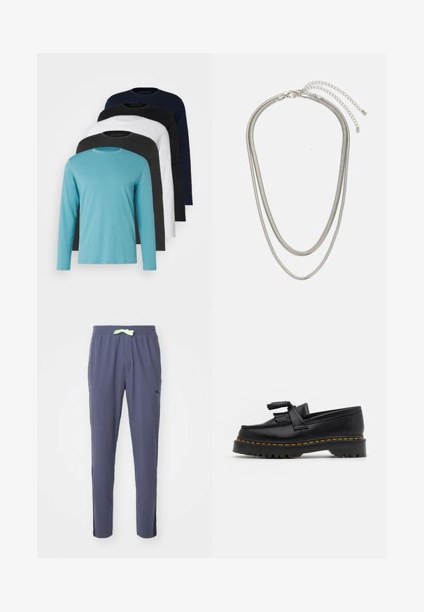 Öt hosszú ujjú póló egymás mellett: türkiz, fekete, fehér, sötétszürke és tengerészkék. Puha anyag, kerek nyakkivágású kialakítás és standard fit.; Kék, puha anyagból készült melegítőnadrág, amely rugalmas derékkal és világos zöld húzózsinórral, valamint oldalsó fekete részletekkel rendelkezik.; Fekete bőr mokaszin, rojtos díszítéssel, masszív fekete talppal és sárga varrással az élén. Texturált felület.; Háromrétegű ezüstszínű fém nyaklánc, letisztult, rugalmas láncokkal, enyhe fényességgel, homárkapoccsal rögzítve és állítható lánccal.