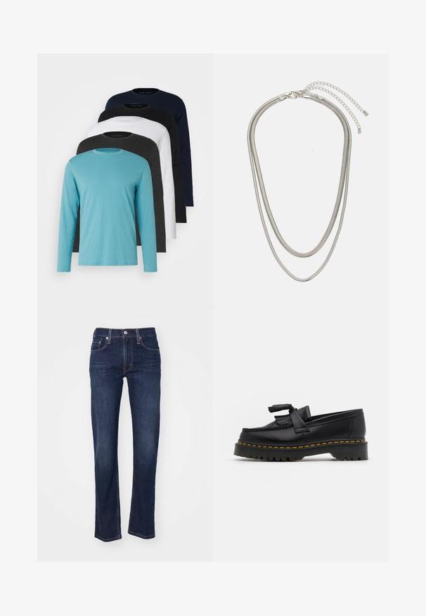 Cinco T-shirts de manga longa em fila: turquesa, preto, branco, cinza escuro e azul-marinho. Tecido suave com design de gola redonda e ajuste padrão.; Jeans de ganga azul-escuro com corte reto, apresentando um design tradicional de cinco bolsos e detalhes costurados nas costuras.; Mocassim de couro preto com um detalhe de franjas, apresentando uma sola preta robusta e costura amarela ao longo da borda. Acabamento texturizado.; Colar de metal prateado em três camadas, com correntes flexíveis e elegantes que possuem um leve brilho, fechado com um fecho de lagosta e corrente ajustável.
