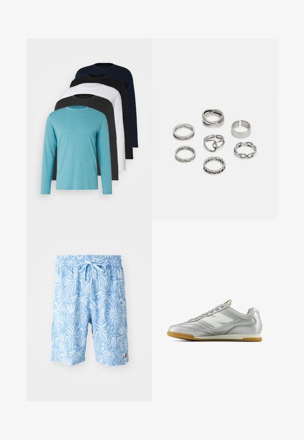 Penki ilgomis rankovėmis marškiniai išdėstyti eilėje: turkio, juodos, baltos, tamsiai pilkos ir tamsiai mėlynos spalvų. Minkšta medžiaga su apvalia apykakle ir standartiniu gaminiu.; Šviesiai mėlyni maudymosi šortai su balta abstrakčia raštu, elastinga juosta ir raišteliu. Logo priekyje kairėje ir šoninės išpjovos ant sijono.; Sidabriniai sportiniai bateliai su lygiu, blizgiu paviršiumi, balta logo šone, tekstūruotomis pilkomis raištelėmis ir guminiais padais.; Septyni sidabriniai žiedai, nusprendti įvairiais dizainais, įskaitant susuktus, susietus ir raižytus raštus. Skirtingos formos ir pločiai.