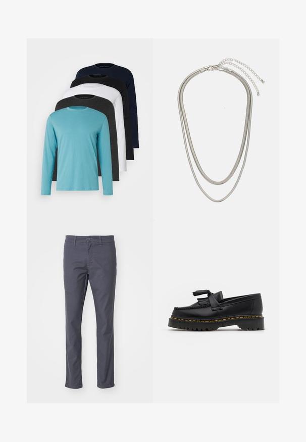 Πέντε μακριά μανίκια μπλούζες το ένα δίπλα στο άλλο: τουρκουάζ, μαύρο, λευκό, σκούρο γκρι και ναυτικό μπλε. Μαλακό ύφασμα με σχέδιο για λαιμό crew και κανονική εφαρμογή.; Σκούρο γκρι chino παντελόνι κατασκευασμένο από ύφασμα με μίγμα βαμβακιού. Διαθέτει κλείσιμο με κουμπί και φερμουάρ, θηλιές ζώνης και σχέδιο ίσιου ποδιού.; Μαύρο δερμάτινο loafer με τασέλ καφέ, με χοντρή μαύρη σόλα και κίτρινη ραφή στην άκρη. Υφή με υλικό texture.; Αλυσίδα τριών επιπέδων από ασημένιο μέταλλο, με κομψές, ευέλικτες αλυσίδες που έχουν ελαφριά γυαλάδα, ασφαλισμένη με κούμπωμα με καβίλι και ρυθμιζόμενη αλυσίδα.