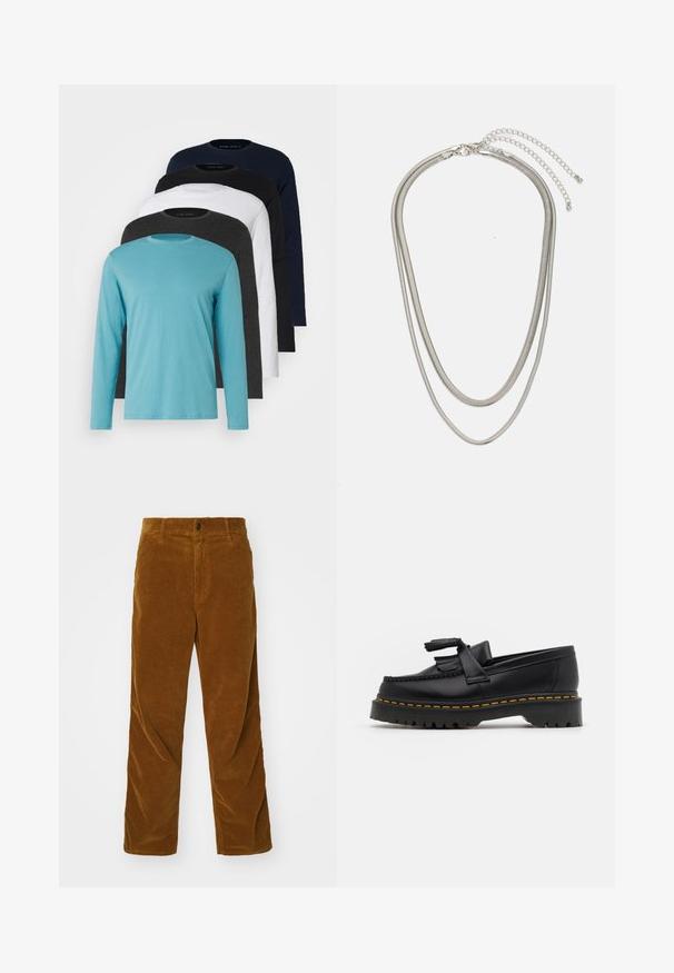 Pet dugih rukava u nizu: tirkizna, crna, bijela, tamno siva i mornarsko plava. Mekani materijal s dizajnom okruglog izreza i standardnim krojem.; Carhartt WIP SINGLE KNEE PANT - Hlače - deep brown rinsed; Crna kožna loaferica s resicama, koja ima čvrst crni potplat i žute šavove duž ruba. Teksturirana završna obrada.; Necklace od tri sloja srebrnog metala s elegantnim, fleksibilnim lančićima blagog sjaja, zatvoren s karabinera i prilagodljivim lančićem.