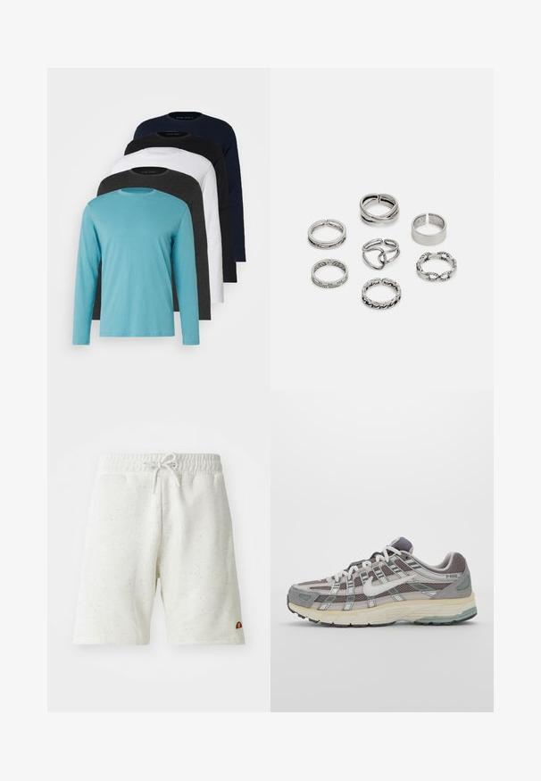 Pet dugih rukava u nizu: tirkizna, crna, bijela, tamno siva i mornarsko plava. Mekani materijal s dizajnom okruglog izreza i standardnim krojem.; Bijele kratke hlače sa pjegavom teksturom, izrađene od mekog materijala, s elastičnom stražnjom trakom i povlačnom trakicom. Mali logo na rubu.; Siva sportska tenisica s gornjim dijelom od mrežaste tkanine i zamshta, bijelim detaljima, amortizirajućom potplatom i prepoznatljivim dizajnom s refleksivnim elementima.; Set od sedam srebrnih prstenova s različitim dizajnima, uključujući uvrnute, povezane i gravirane uzorke. Različitih oblika i širina.
