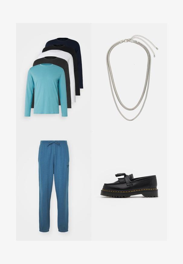 Pięć koszulek z długim rękawem w rzędzie: turkusowa, czarna, biała, ciemnoszara i granatowa. Miękka tkanina, okrągły dekolt i standardowy krój.; Niebieskie dresowe spodnie z bawełny z elastycznym pasem i regulowanym sznureczkiem. Posiadają małe logo na lewej nogawce oraz zwężane mankiety przy kostkach.; Czarny skórzany mokasyn z frędzelkowymi akcentami, z masywną czarną podeszwą i żółtym przeszyciem wzdłuż krawędzi. Teksturowane wykończenie.; Trójwarstwowy naszyjnik ze srebrnego metalu z eleganckimi, elastycznymi łańcuszkami o delikatnym połysku, zapinany na karabińczyk i regulowany.