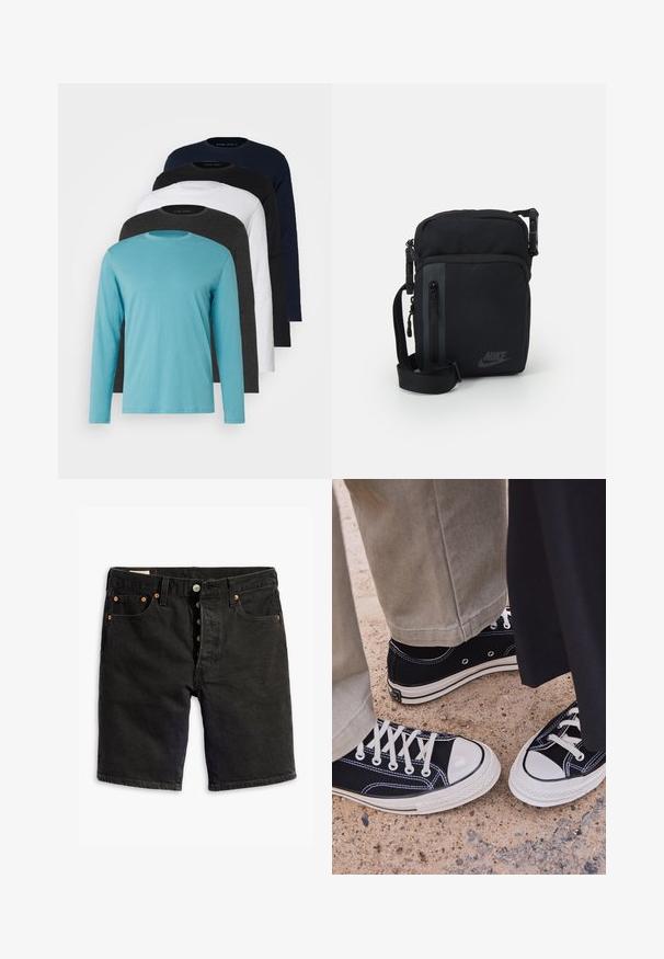 Pięć koszulek z długim rękawem w rzędzie: turkusowa, czarna, biała, ciemnoszara i granatowa. Miękka tkanina, okrągły dekolt i standardowy krój.; Levi's® - Szorty jeansowe; Czarne płócienne trampki z białymi gumowymi czubkami i sznurówkami. Kontrastowe przeszycia i metalowe oczka dodają szczegółów. Noszone z beżowymi spodniami i czarnym materiałem.; Czarna nylonowa torba na ramię z zamykanymi komorami, regulowanym paskiem i subtelnym logo z przodu. Gładka tekstura i prostokątny kształt.