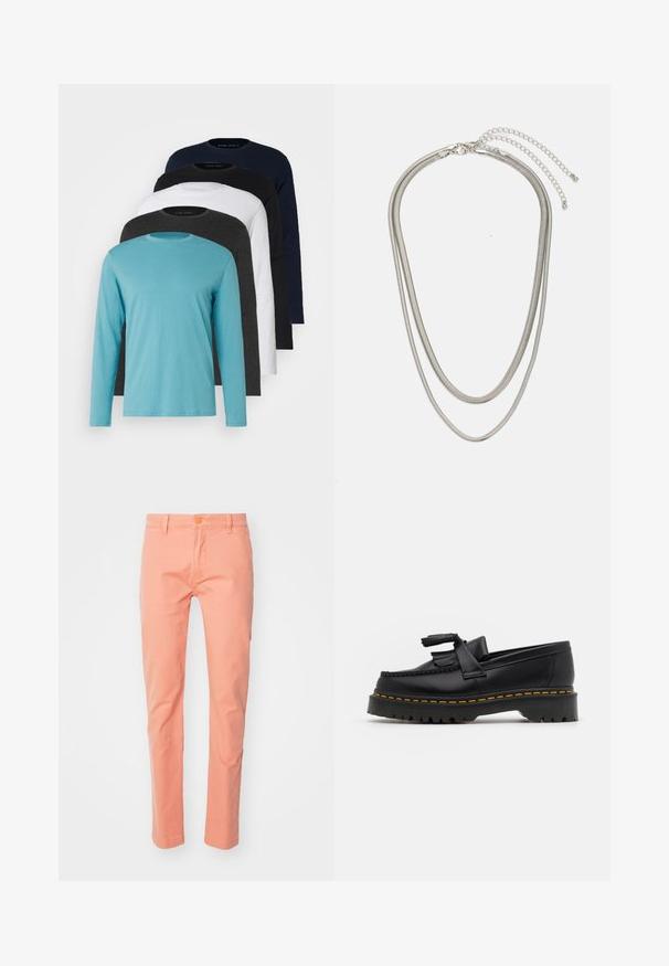 Five long-sleeve T-shirts in a row: turquoise, black, white, dark gray, and navy blue. Soft fabric with crew neck design and standard fit.; Peach-colored, slim-fit pants made of cotton with a smooth texture, featuring a button closure and belt loops, cut to a tapered ankle.; Black leather loafer with a tasseled accent, featuring a chunky black sole and yellow stitching along the edge. Textured finish.; Three-layered silver metal necklace featuring sleek, flexible chains with a slight sheen, secured with a lobster clasp and adjustable chain.
