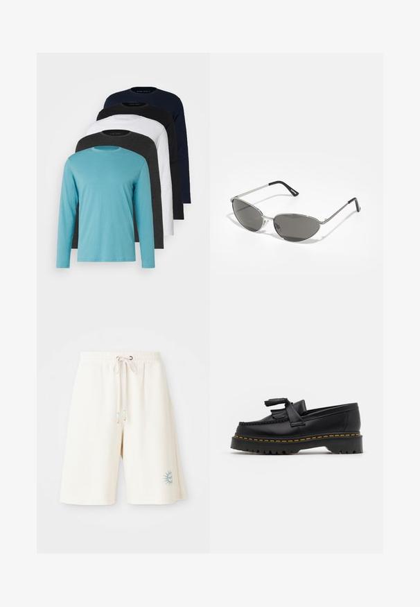 Fünf Langarm-T-Shirts in einer Reihe: türkis, schwarz, weiß, dunkelgrau und navyblau. Weicher Stoff mit Rundhalsausschnitt und normaler Passform.; Helle cremfarbene Shorts aus strukturiertem Stoff mit einem elastischen Bund, verstellbarem Kordelzug und einem bedruckten Sonnendesign am linken Bein.; Schwarze Lederloafers mit einem fransenverzierten Akzent, ausgestattet mit einer robusten schwarzen Sohle und gelber Naht entlang der Kante. Texturierte Oberfläche.; Sonnenbrille mit einem schlanken, silbernen Metallrahmen, grauen getönten Gläsern und einem aerodynamischen Design mit spitzen Kanten und dünnen Bügeln.