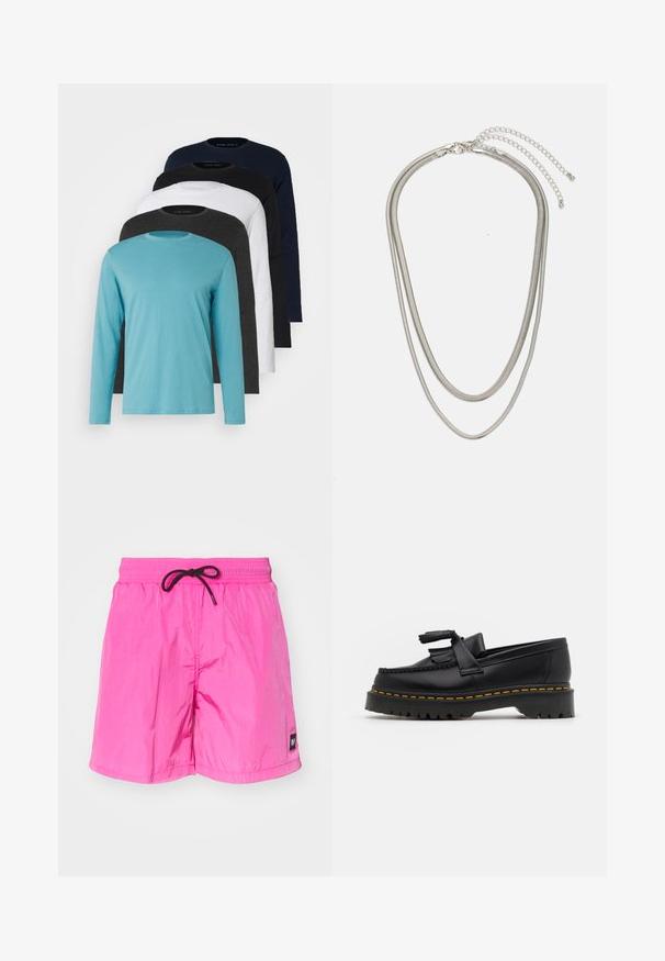 Penki ilgomis rankovėmis marškiniai išdėstyti eilėje: turkio, juodos, baltos, tamsiai pilkos ir tamsiai mėlynos spalvų. Minkšta medžiaga su apvalia apykakle ir standartiniu gaminiu.; Rožiniai, lengvi maudymosi šortai su elastine juostele ir juodu raišteliu. Kairėje kojoje yra mažas ženklas. Lygi tekstūra.; Juodas odinis loaferis su kutais, turintis masyvų juodą pado ir geltonus siūlus palei kraštą. Textūruota danga.; Trijų sluoksnių sidabrinė metalinė apyrankė, kuri pasižymi stilingomis, lankstosiomis grandinėlėmis su švelniu blizgesiu, užsegama krabų užsegimu ir reguliuojama grandinė.