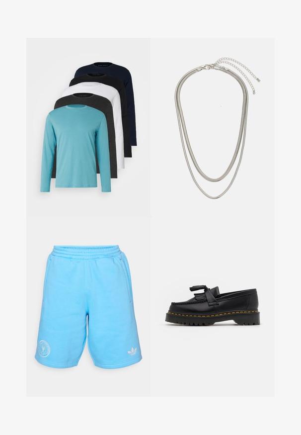 Pět triček s dlouhým rukávem v řadě: tyrkysová, černá, bílá, tmavě šedá a námořnická modř. Měkká látka s designem kulatého výstřihu a standardním střihem.; Modré sportovní kraťasy se strečovým pasem, bočními kapsami a bílými logy na dolním přední části a spodním lemu. Měkká textilní struktura.; Černé kožené mokasíny s třásněmi, se silnou černou podrážkou a žlutým prošíváním podél okraje. Texturovaný povrch.; Vícevrstvý stříbrný kovový náhrdelník s elegantními, flexibilními řetízky s jemným leskem, zabezpečený karabinkou a nastavitelným řetízkem.