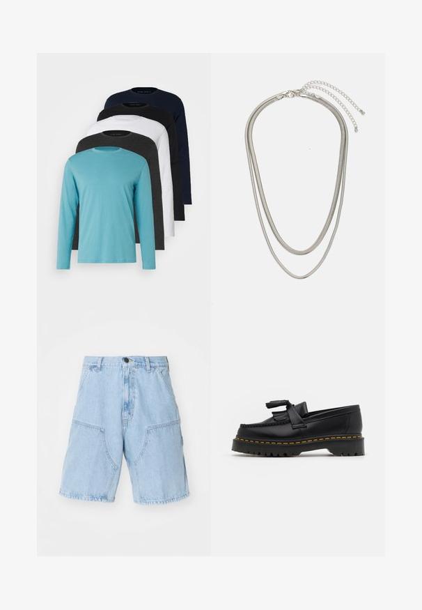 Five long-sleeve T-shirts in a row: turquoise, black, white, dark gray, and navy blue. Soft fabric with crew neck design and standard fit.; Light blue denim shorts with a loose fit, featuring two large front pockets and a button closure at the waist.; Black leather loafer with a tasseled accent, featuring a chunky black sole and yellow stitching along the edge. Textured finish.; Three-layered silver metal necklace featuring sleek, flexible chains with a slight sheen, secured with a lobster clasp and adjustable chain.