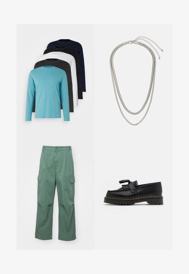 Cinco tricouri cu mânecă lungă într-o linie: turcoaz, negru, alb, gri închis și albastru marin. Material moale cu design guler rotund și croială standard.; Pantaloni cargo verzi din bumbac, cu o croială lejeră, picioare late și buzunare laterale. Materialul are o textură netedă, fără modele.; Mocasini din piele neagră cu un accent ciufulit, având o talpă groasă neagră și cusături galbene pe margine. Finisaj texturat.; Colier din metal argintiu în trei straturi, cu lanțuri elegante și flexibile, cu un ușor luciu, asigurat cu un închizător de tip homar și un lanț ajustabil.