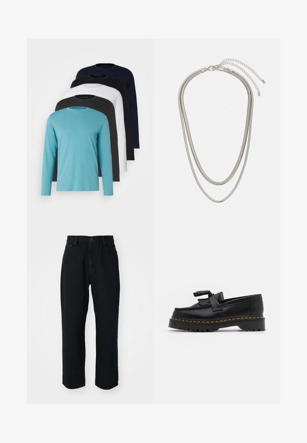 Cinco camisetas de manga larga en fila: turquesa, negra, blanca, gris oscuro y azul marino. Tejido suave con diseño de cuello redondo y ajuste estándar.; Vaqueros de mezclilla negro con un corte recto, textura ligera, diseño de cinco bolsillos y cierre de botón en la cintura.; Mocasín de cuero negro con un acento de borlas, que presenta una suela gruesa negra y costuras amarillas a lo largo del borde. Acabado texturizado.; Collar de metal plateado de tres capas que presenta cadenas flexibles y elegantes con un ligero brillo, asegurado con un cierre de langosta y cadena ajustable.